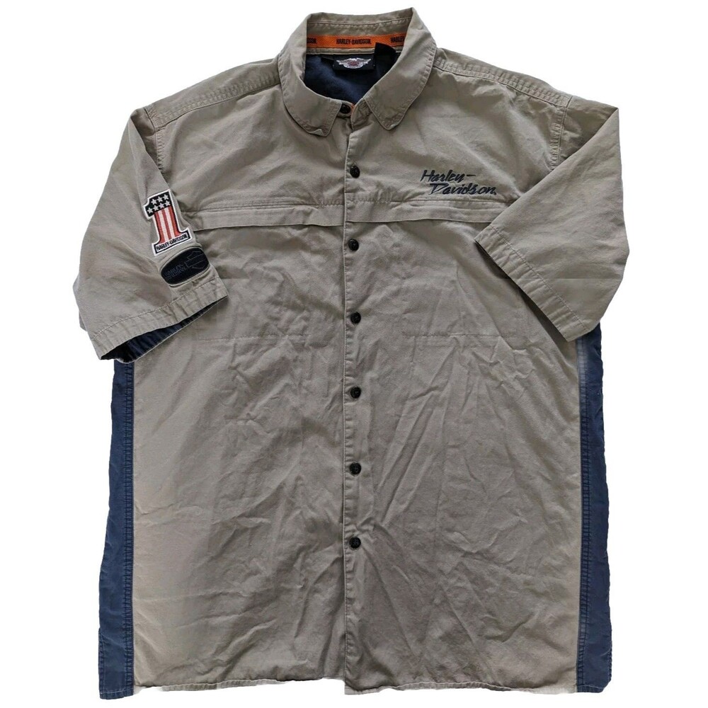 Harley Davidson Shirt Men's Lg Button Down Short Sleeve Biker Embroidered Beige